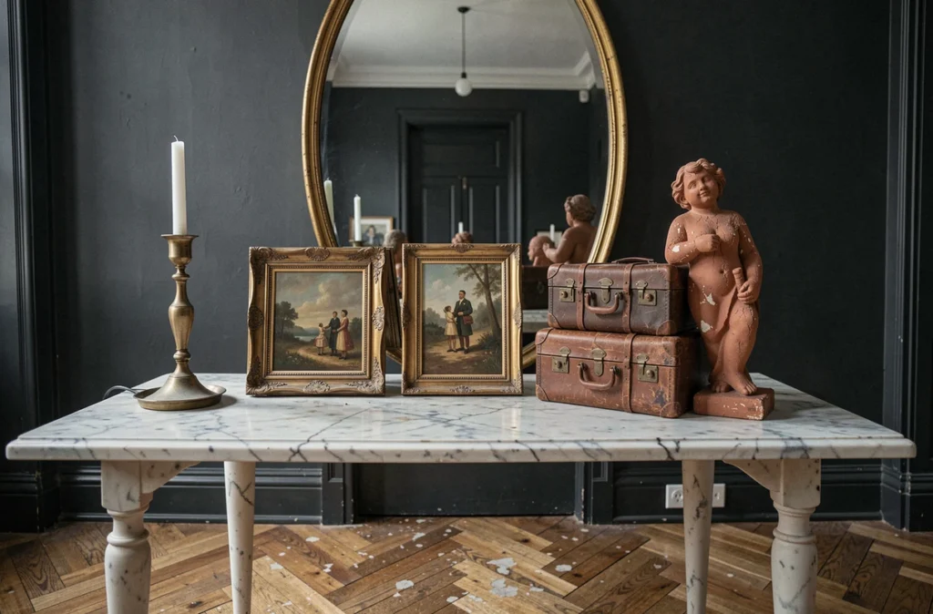 Console ancienne en marbre décorée d'objets chinés, bougeoir en laiton, peinture dorée et valises vintage dans une entrée d'appartement parisien