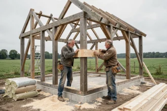 Construction d'une maison à ossature bois en zone rurale avec charpentiers assemblant la structure