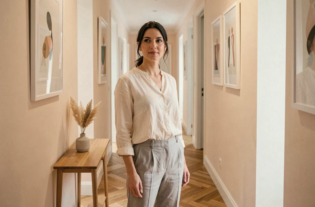 Femme dans un couloir étroit parisien peint en blanc chaleureux illustrant l'effet agrandissant des couleurs claires