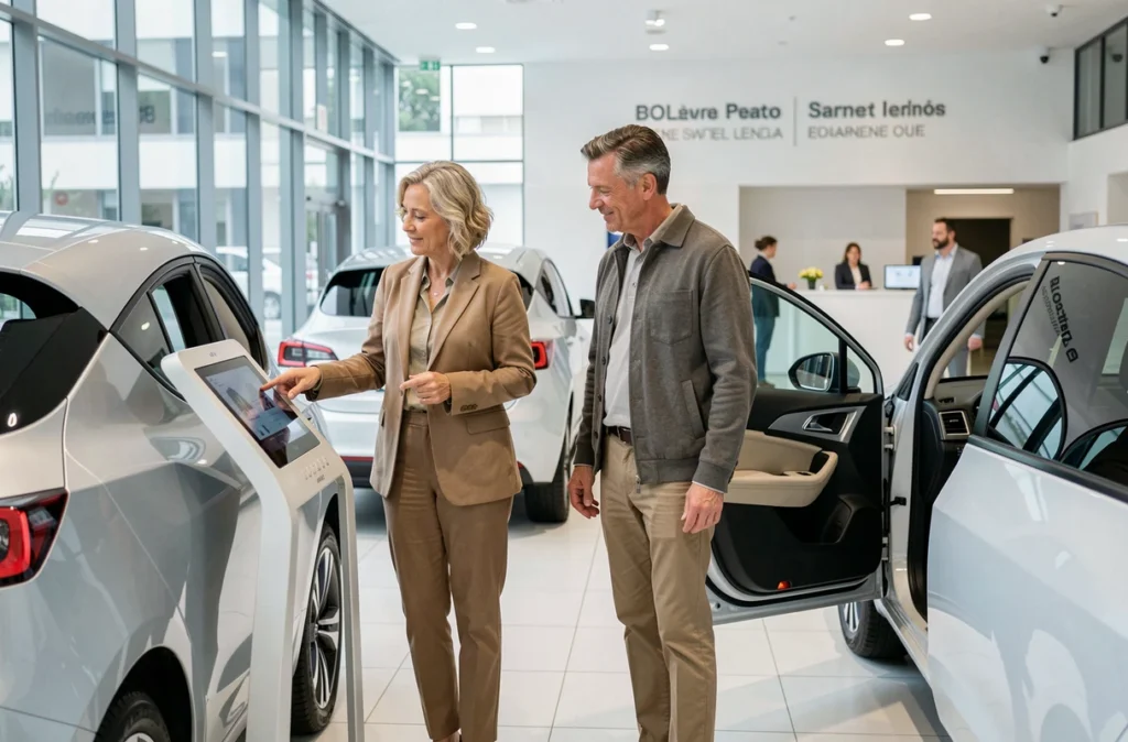 Couple français explorant des véhicules électriques dans une concession automobile moderne avec sol blanc poli