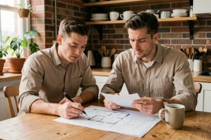 Couple de trentenaires étudiant des documents immobiliers à une table en bois dans une cuisine chaleureuse