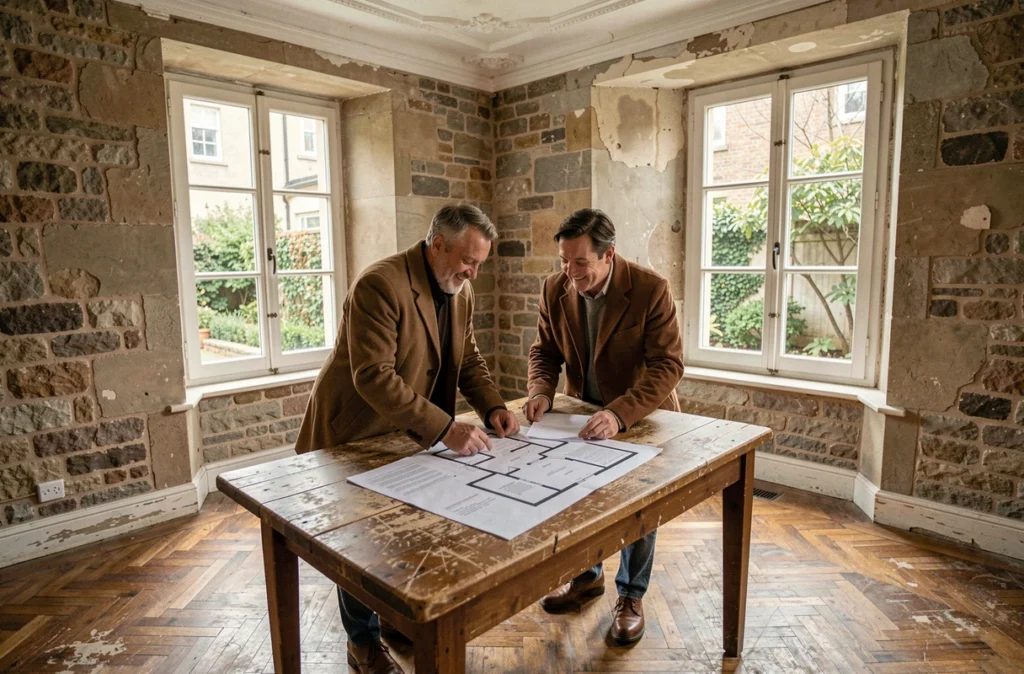 Couple étudiant des documents immobiliers dans un appartement ancien à rénover, dans le cadre d'un investissement avec dispositif de défiscalisation