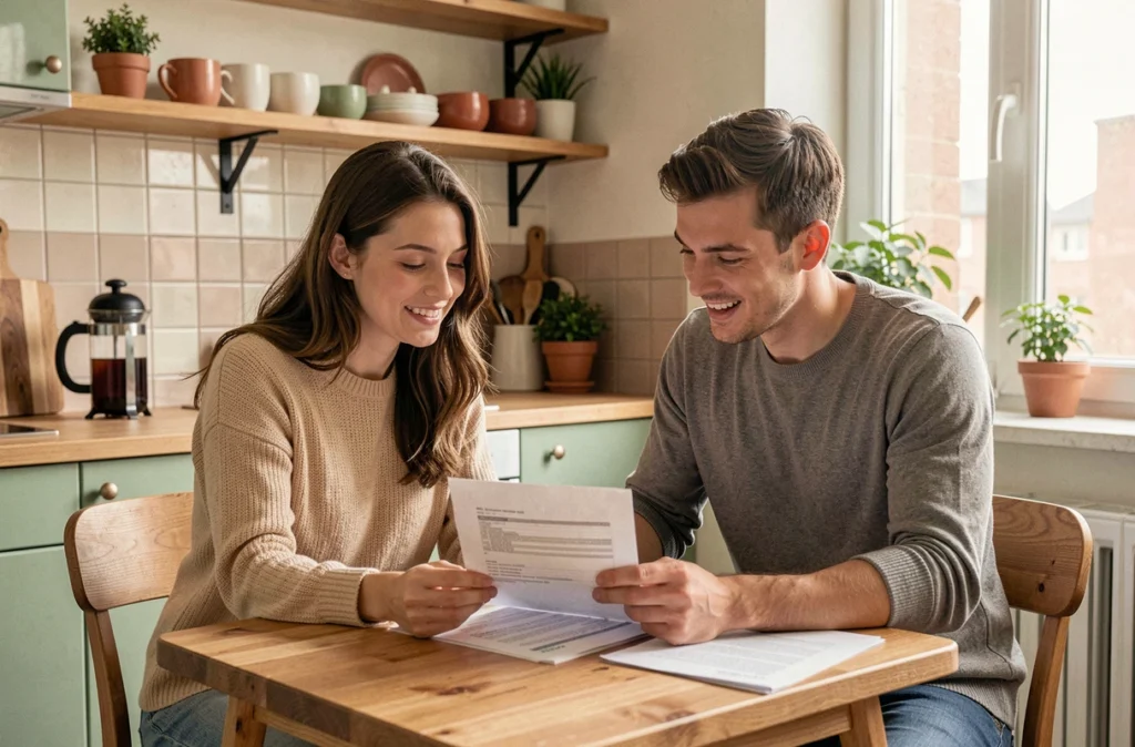 Couple de jeunes actifs étudiant ensemble leur contrat d'assurance habitation dans leur appartement