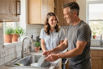 Couple partageant la vaisselle dans une cuisine moderne, illustration de la répartition équitable des tâches ménagères en famille