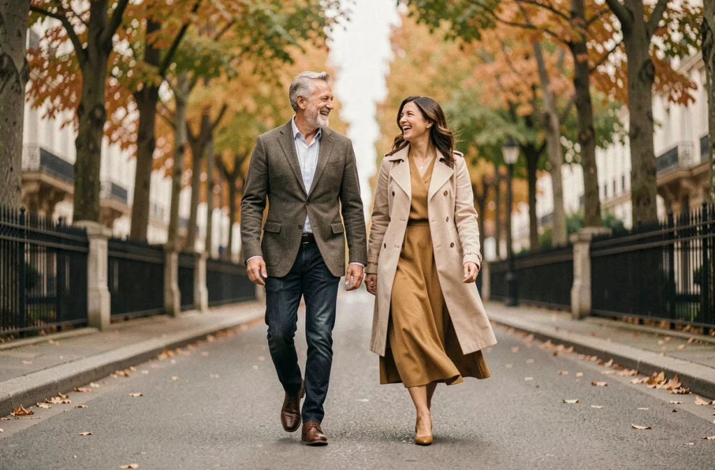 Couple élégant se promenant sur un boulevard parisien arboré en automne, ambiance romantique et décontractée