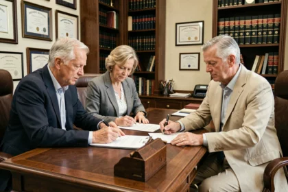 Un couple de seniors signe un contrat de viager dans le bureau d'un notaire, illustrant la tendance croissante de ce type d'investissement immobilier.
