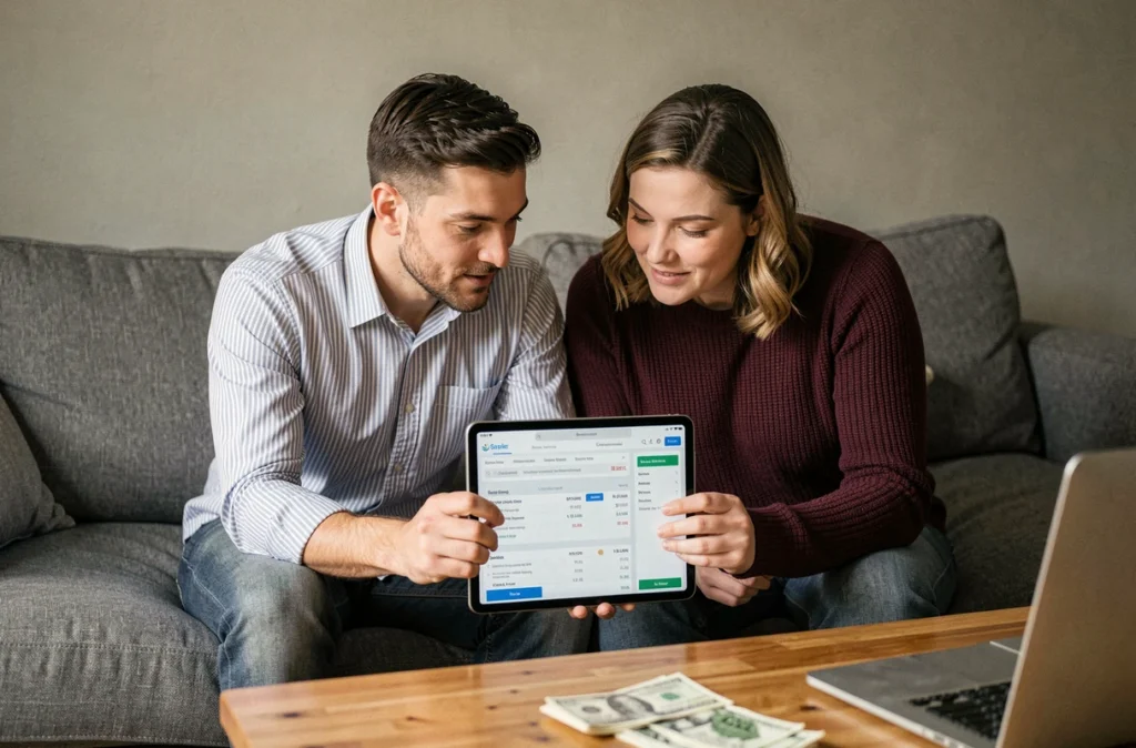Couple consultant ensemble une application de suivi des dépenses du foyer sur une tablette dans leur salon