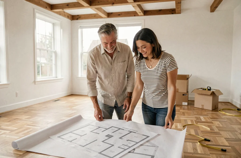 Couple examinant des plans dans une maison en périphérie lors d'une visite immobilière