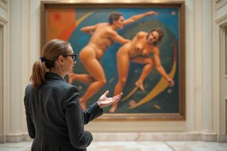 Curatrice de musée analysant une peinture futuriste italienne du début du XXe siècle dans une galerie d'art