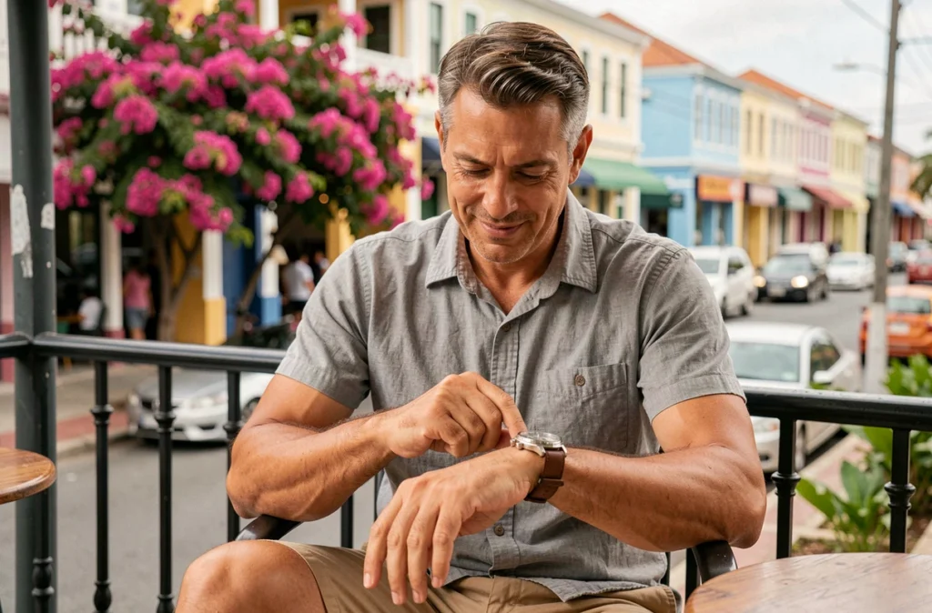 Homme comparant des montres à un café de Nouméa pour calculer le décalage horaire entre la France et la Nouvelle-Calédonie