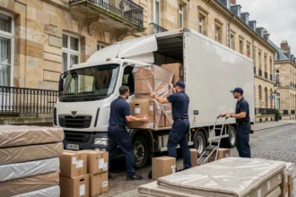 Équipe de déménageurs professionnels chargeant un camion devant un immeuble en Bourgogne-Nièvre