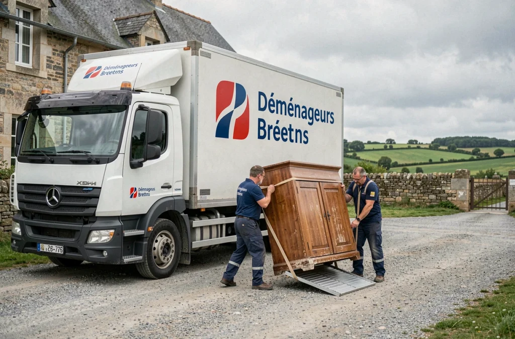 Camion des Déménageurs Bretons Transpeed devant une maison rurale dans la Nièvre