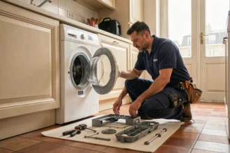 Technicien en réparation d'électroménager intervenant dans un appartement parisien