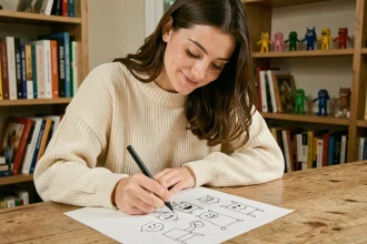 Jeune femme dessinant des monstres rigolos avec des formes simples dans un studio d'art cosy