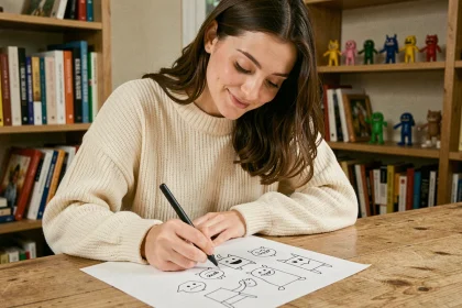 Jeune femme dessinant des monstres rigolos avec des formes simples dans un studio d'art cosy