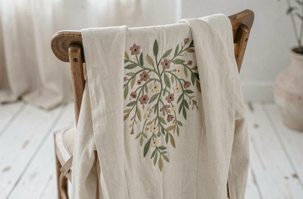 Détail de broderie botanique en fils colorés sur le dos d'une veste en lin crème posée sur une chaise en bois vintage