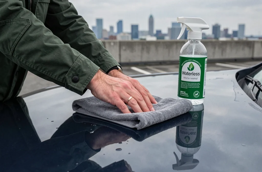 Gros plan sur les mains d'une personne utilisant un chiffon microfibre pour laver une voiture sans eau sur un parking en toiture