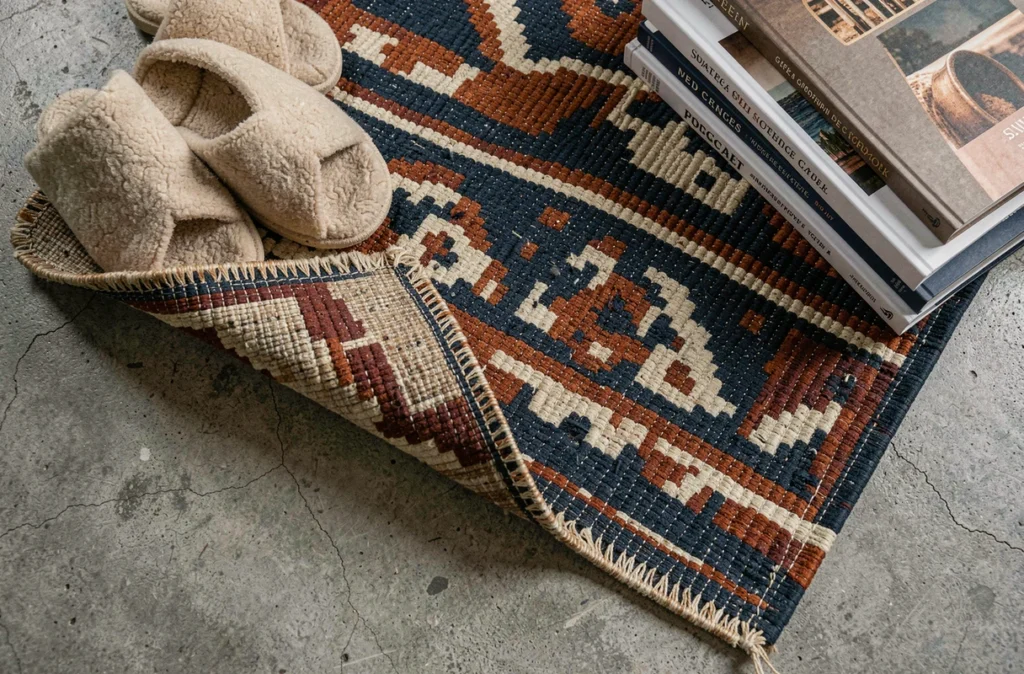 Détail en gros plan d'un tapis kilim à motifs géométriques navy et terracotta sur sol béton dans une chambre moderne