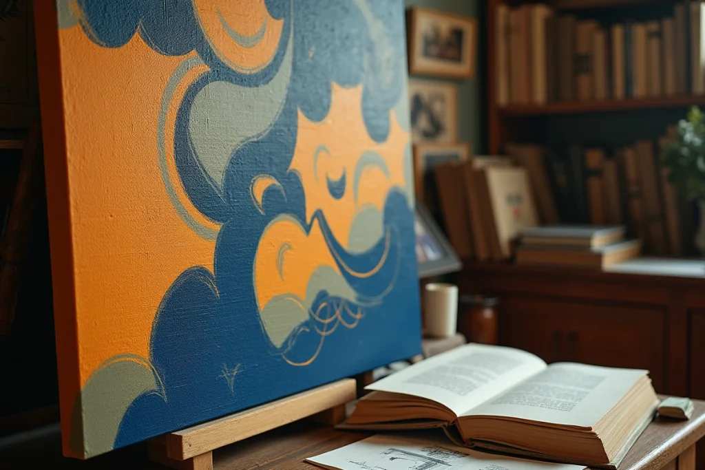 Détail de coups de pinceau d'une peinture futuriste sur toile avec formes géométriques fragmentées et lignes de mouvement