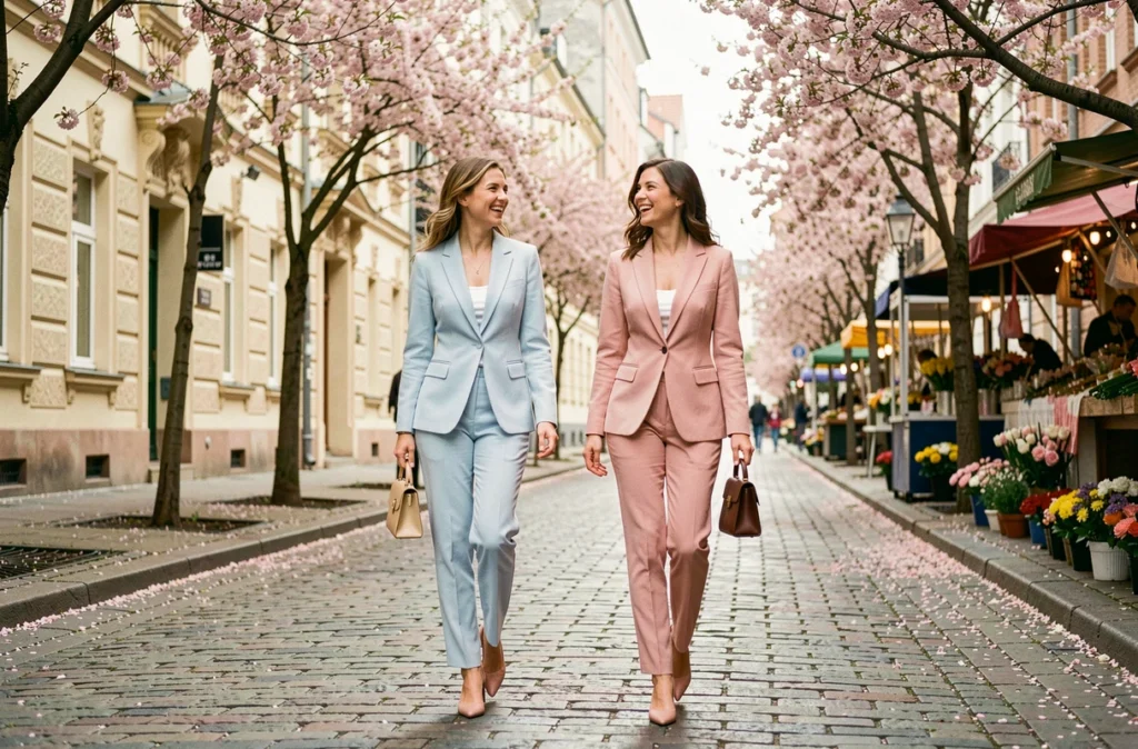 Deux femmes portant des tailleurs pastel bleu et rose marchant sur un boulevard fleuri au printemps lors d'un événement mode