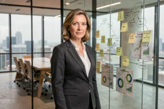 Dirigeante d'entreprise analysant une stratégie de transition écologique dans une salle de réunion moderne avec graphiques et objectifs environnementaux