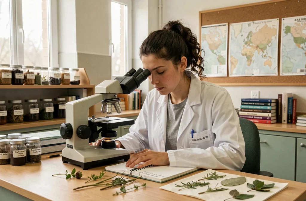 Écologue en laboratoire analysant des spécimens végétaux au microscope dans un contexte universitaire