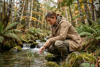 Écologue femme sur le terrain collectant un échantillon d'eau dans une forêt tempérée au bord d'un ruisseau