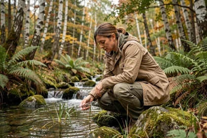 Écologue femme sur le terrain collectant un échantillon d'eau dans une forêt tempérée au bord d'un ruisseau
