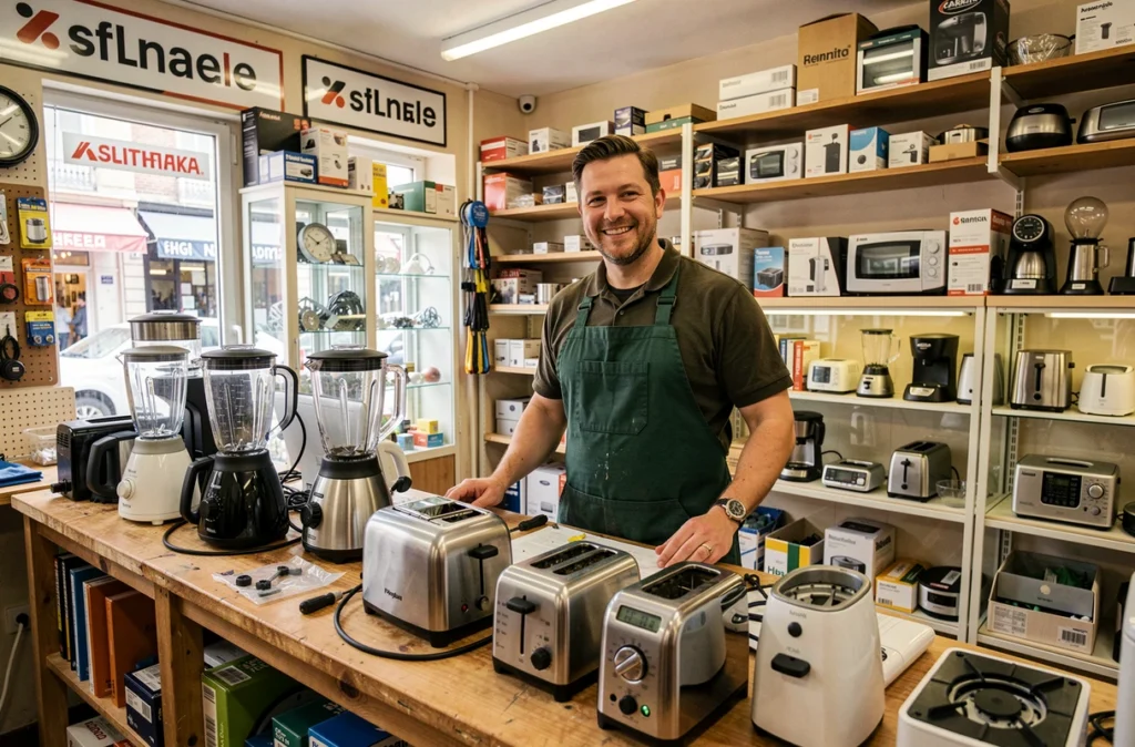 Technicien Electrocashnet réparant des petits appareils électroménagers multimarques dans sa boutique parisienne