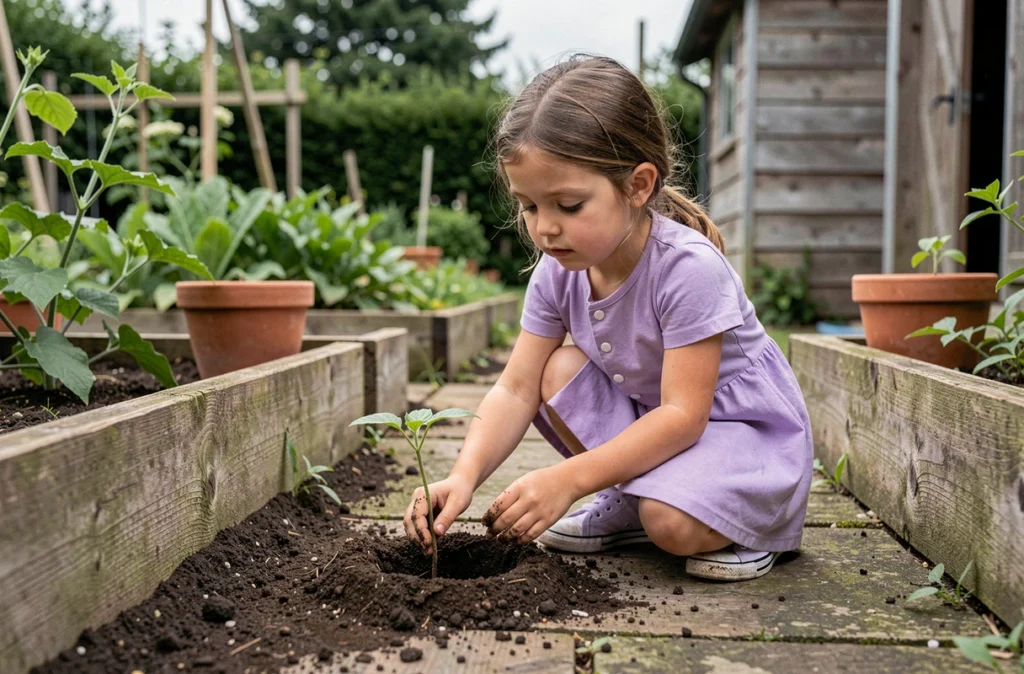 Fillette plantant un semis seule dans un jardin potager, développant son autonomie au grand air