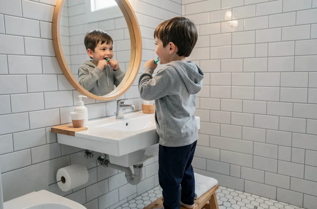 Garçon se brossant les dents seul devant le miroir de la salle de bain, signe d'autonomie quotidienne