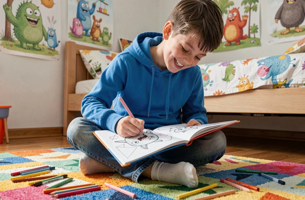 Enfant dessinant des monstres amusants à partir de formes géométriques simples dans sa chambre