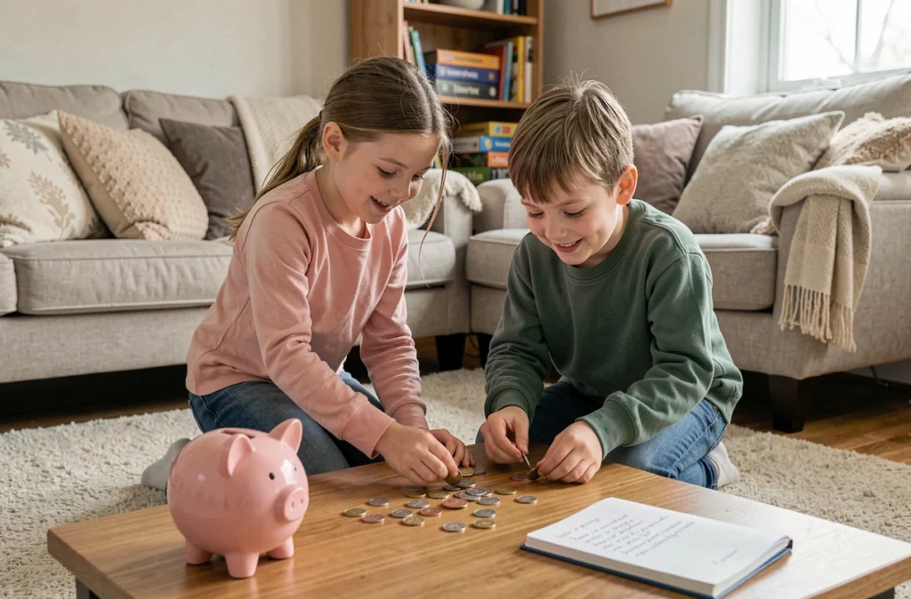 Deux enfants qui comptent et trient des pièces de monnaie sur un tapis de salon avec une tirelire et un carnet