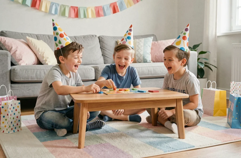 Groupe d'enfants jouant à un jeu de société pendant une fête d'anniversaire à la maison
