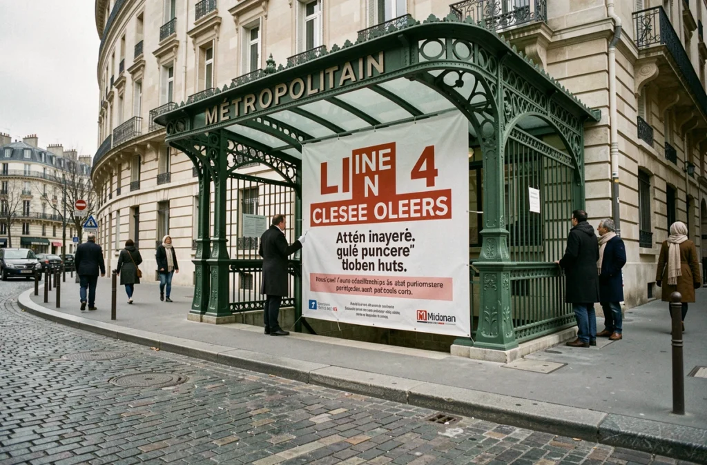 Entrée de station de métro parisienne fermée pour travaux avec affichage de fermeture ligne 4 en hiver