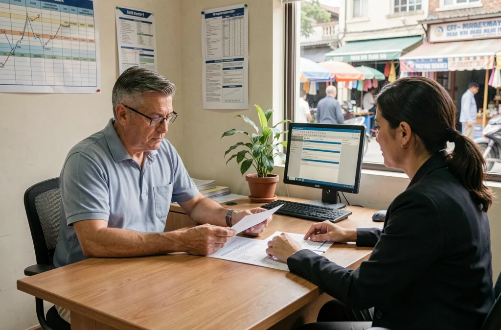 Entrepreneur local discutant d'un dossier de microcrédit avec un conseiller financier dans une agence de quartier