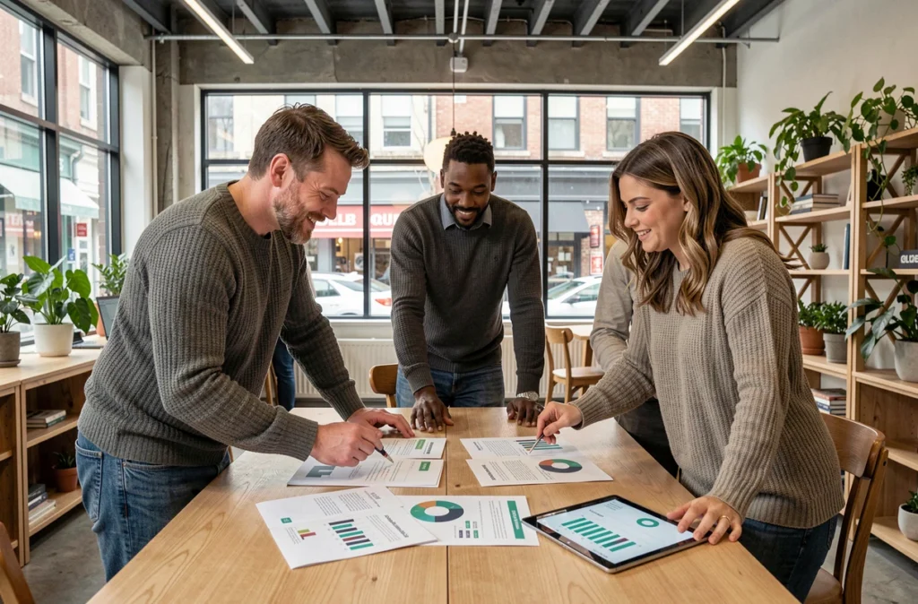 Équipe multiculturelle collaborant sur un projet de financement participatif culturel dans un espace de coworking