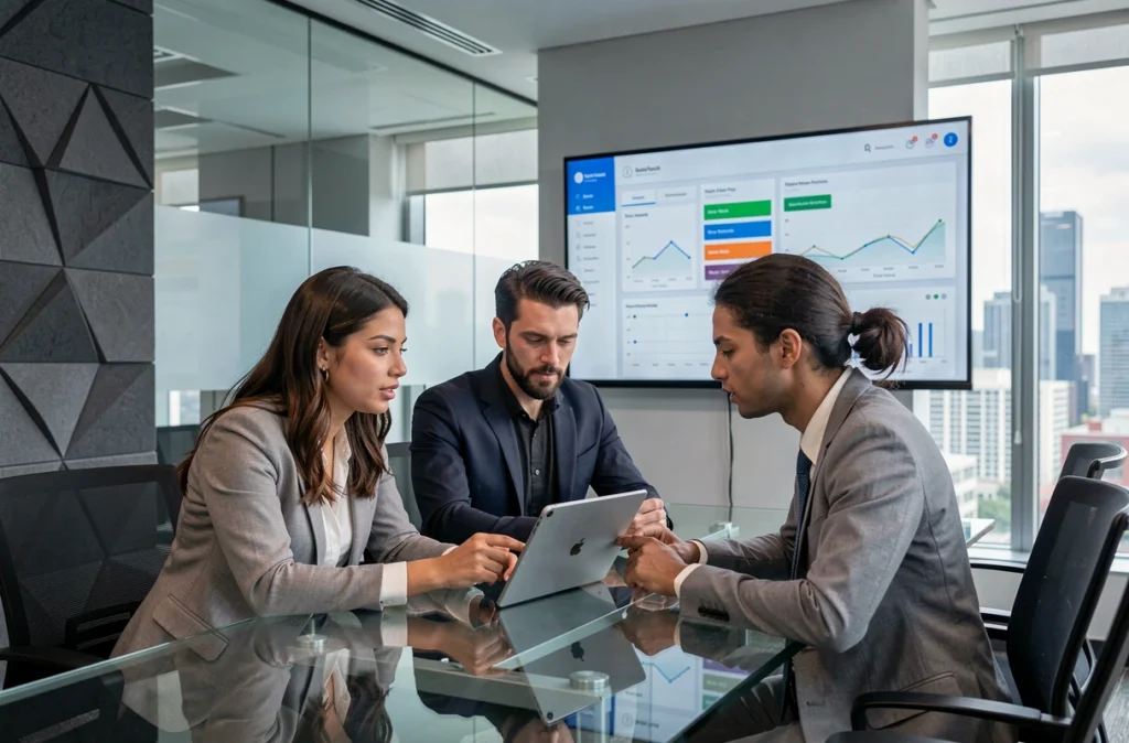 Équipe de professionnels collaborant autour d'un tableau de bord analytique personnalisable en salle de réunion