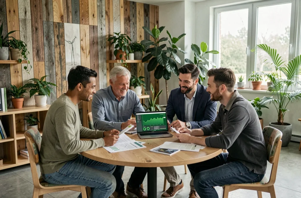 Équipe professionnelle en réunion collaborative pour élaborer une stratégie de transition écologique dans un bureau éco-responsable