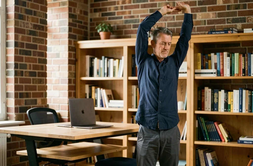 Homme faisant une pause étirement du dos debout à son bureau assis-debout à domicile