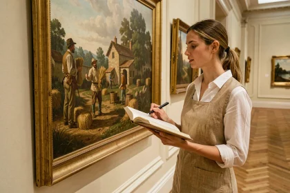 Jeune femme étudiant une peinture réaliste du XIXe siècle dans un musée d'art classique, carnet de notes à la main