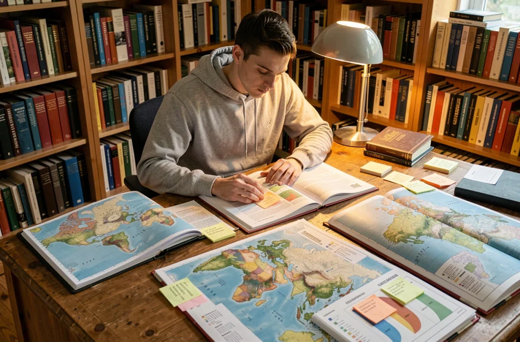 Jeune homme étudiant des atlas géographiques pour comparer la superficie des continents et identifier le plus grand pays du monde