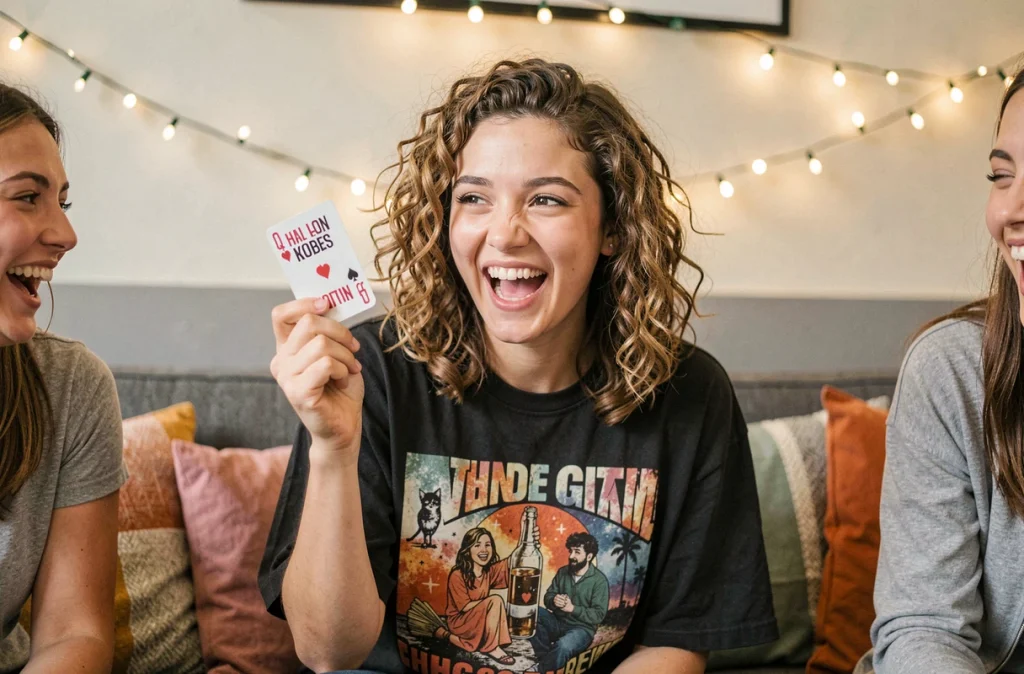 Jeune femme étudiante réagissant avec amusement en tenant une carte lors d'un jeu de soirée Palmiers