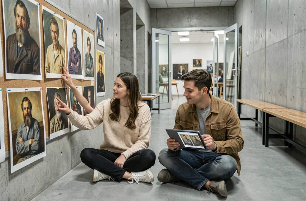 Deux étudiants en art comparant des reproductions de peintures réalistes du XIXe siècle dans un couloir d'école des beaux-arts
