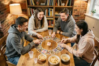 Groupe d'étudiants jouant au jeu de cartes Palmiers autour d'une table en bois dans un appartement étudiant animé