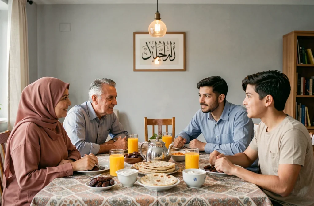 Famille musulmane française prenant le repas du suhoor ensemble avant le jeûne du Ramadan