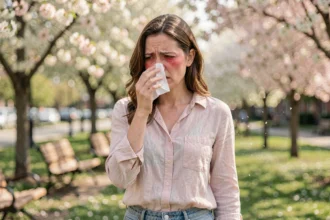 Femme souffrant d'allergie saisonnière au printemps dans un parc en fleurs, se mouchant avec les yeux irrités