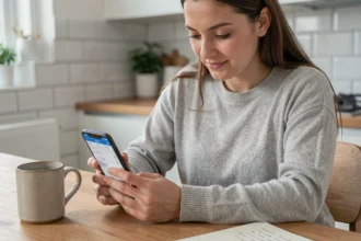 Jeune femme consultant une application de gestion de budget sur son smartphone dans une cuisine moderne