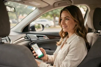 Femme utilisant une application de covoiturage sur smartphone dans une voiture