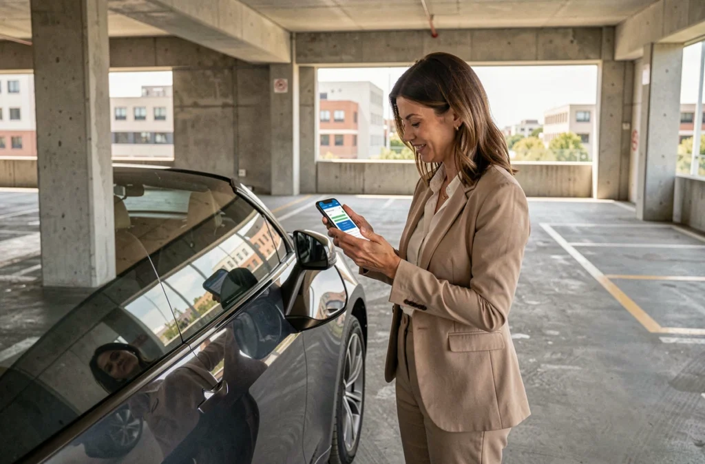 Femme consultant son smartphone avec une application d'assurance auto connectée à côté d'une voiture électrique dans un parking urbain